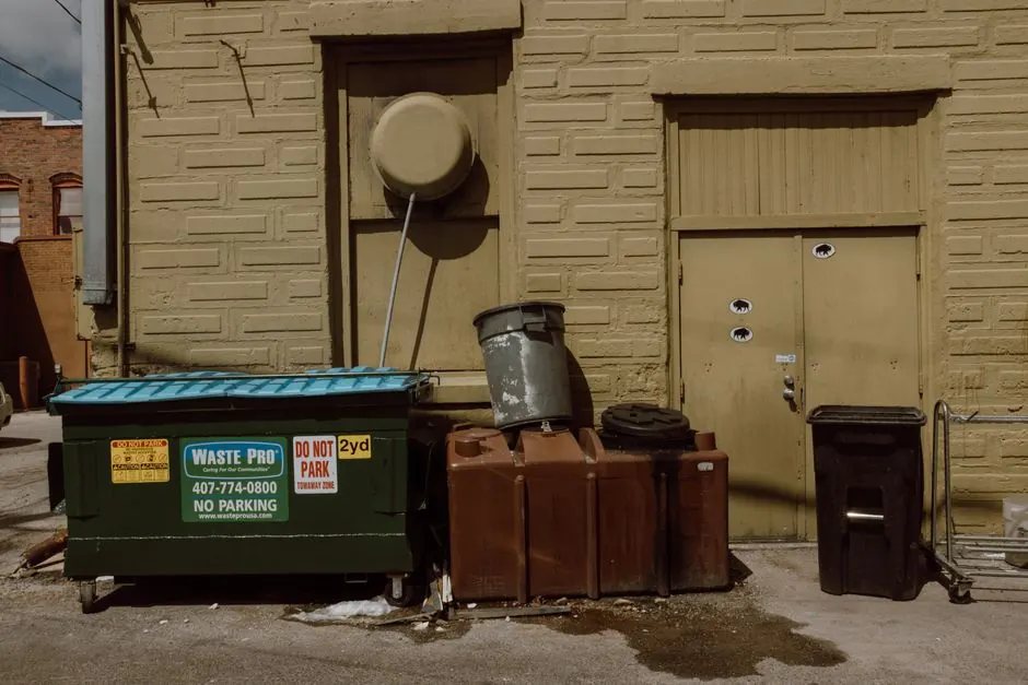 Sunlit alleyway featuring trash bins and dumpsters beside a textured urban wall.